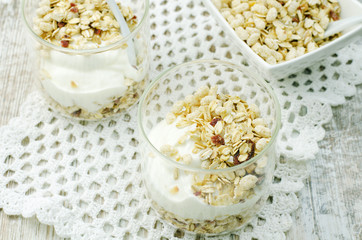Healthy breakfast with muesli and yogurt