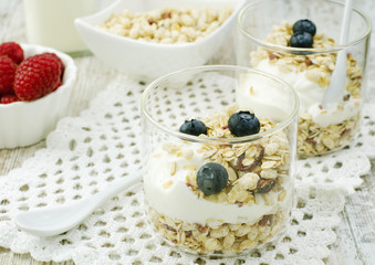 Healthy breakfast with muesli and yogurt
