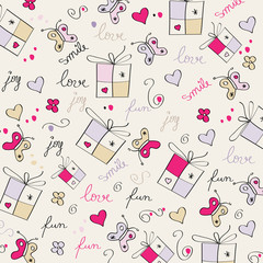 hand draw texture - seamless pattern with hearts, gifts, butterf