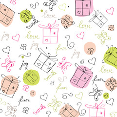 hand draw texture - seamless pattern with hearts, gifts, butterf