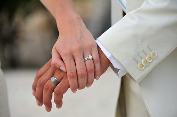Bride and groom hands with wedding rings