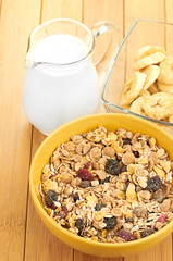 Delicious and healthy cereal in bowl with milk
