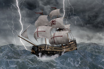 3D Segelschiff Galeone in stürmischer See - obrazy, fototapety, plakaty