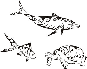 Dolphin, fish and turtle in tribal style