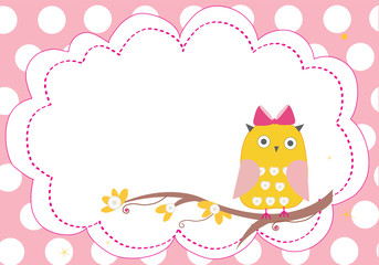Baby girl label with owl vector frame