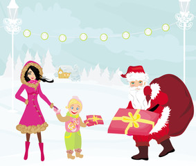 santa claus distributes gifts