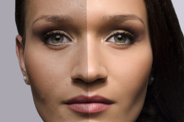 Comparison of a beautiful woman before and after retouching