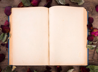 Vintage open book with dried rose