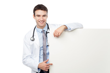 Physician pointing at banner