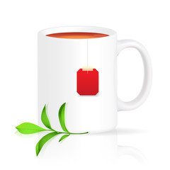 Cup of tea with red teabag and green branch isolated on white