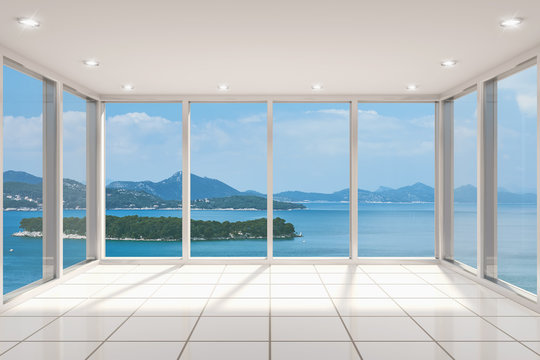 Fototapeta Empty modern lounge area with large bay window