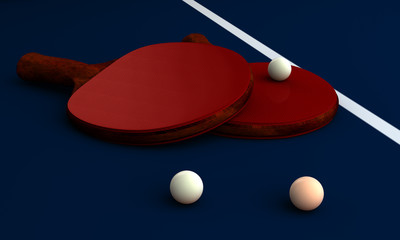Ping pong paddles and balls on a background