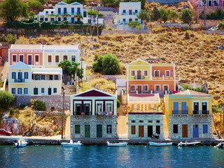Colorful houses, Symi island, Greece - obrazy, fototapety, plakaty