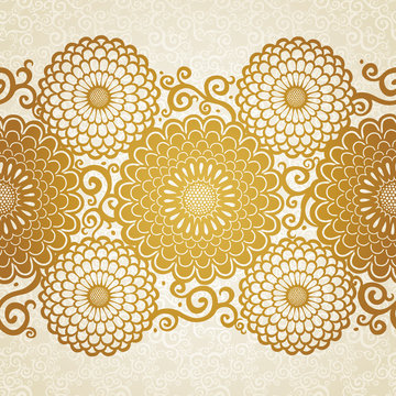 Golden seamless border with large flowers and curls.