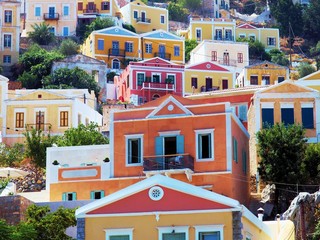 Fototapeta beautiful colorful houses on hill, Symi island, Greece obraz