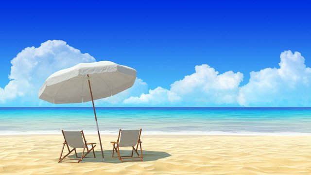 Beach chair and umbrella on sand beach.Travel, holidays, resort.