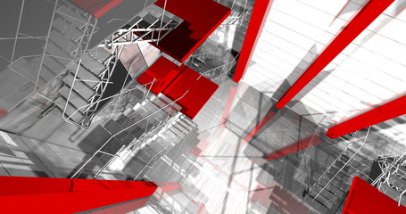 3d area. Modern industrial interior, stairs, clean space in indu