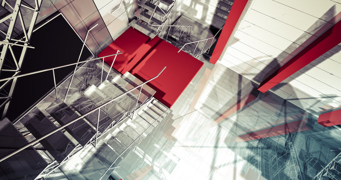 3d reflection. Modern industrial interior, stairs, clean space i