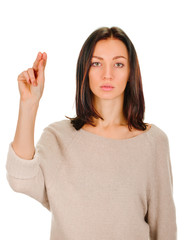 portrait of young woman does  benediction on white background