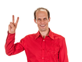 Fototapeta premium young man shows sign and symbol by hands on white background