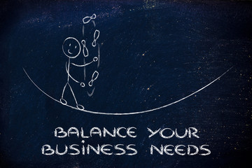Fototapeta na wymiar balancing and managing your business needs: funny character jugg