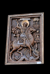 Christian icon on wooden surface
