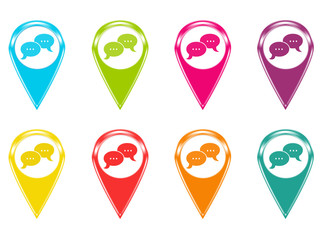 Set of icons or colored markers on maps with conversation symbol