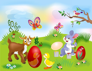 Fototapeta premium Illustration of an Easter Bunny painting an egg