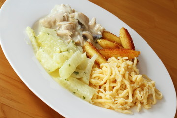 turkey hen meat strips with egg pasta,vegetables &schupfnudeln