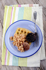 black and white pudding with baked beans