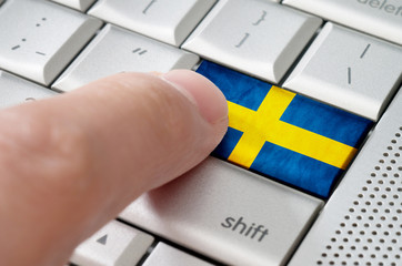Business concept male finger pressing Sweden enter key on metall