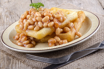 portion baked beans and waffles