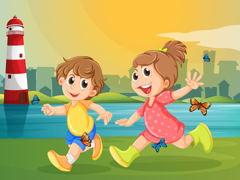 Two adorable kids running with butterflies