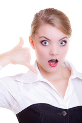 Surprised businesswoman making call me gesture. Communication.