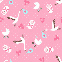 Seamless baby shower pattern on pink background.