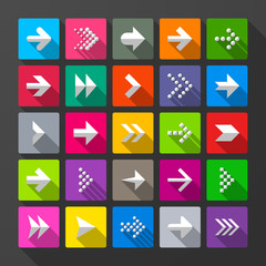25 arrows icons, signs. Long shadow style.
