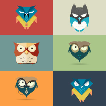 Set cute stylized cartoon icons of owls
