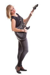 Fototapeta premium Woman with black guitar looking isolated
