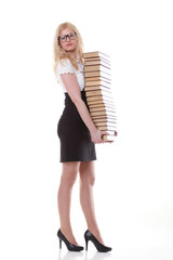 Beautiful young woman with books white background