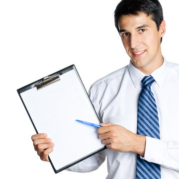 Businessman showing clipboard, isolated on white