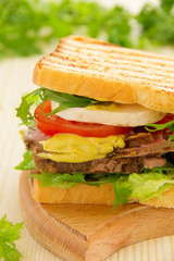 Panini closeup with roast beef and salad.
