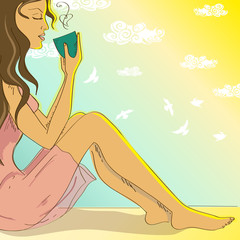 Illustration with beautiful girl sitting on a windowsill