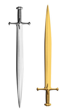 Gold and silver metal swords isolated on white