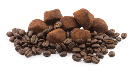 Chocolate truffles and coffee grains