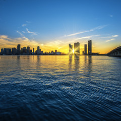 Miami Florida, sunset  with business and residential buildings