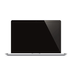 laptop open black screen white background