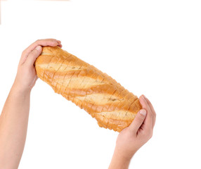 Sliced white bread on a hand.