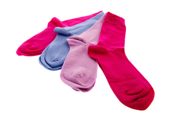Several socks in blue and pink