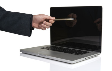 Men with laptop.  businessman pointing laptop with a pen
