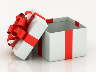open white gift boxes with red ribbon